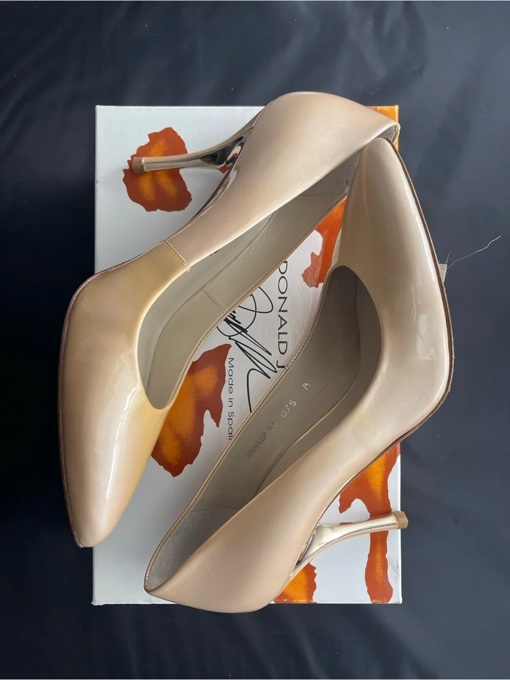 Donald J. Pliner Nude Patent Leather Pointed Pumps with Gold Heel